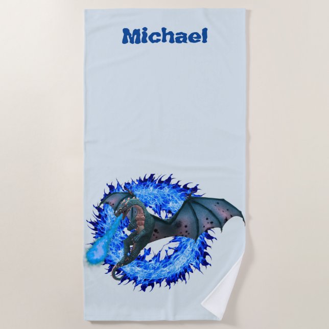 Serviette De Plage Bleu Flamme Brûlant Dragon Nom personnalisé (Devant)
