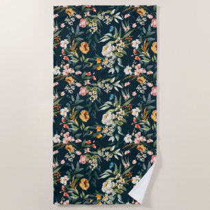 Serviette De Plage Bleu foncé Vintage Motif de fleurs de jardin
