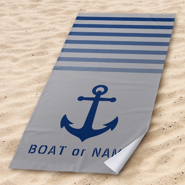 Serviette De Plage Bleu gris Ancre marine Votre nom ou bateau (Créateur téléchargé)