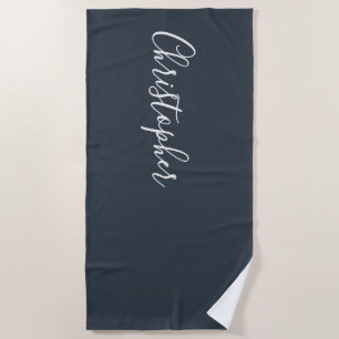 Serviette De Plage Bleu marine blanc personnalisé écriture nom minima