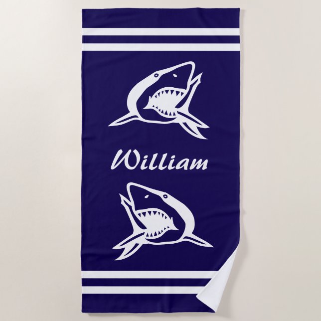 Serviette de plage bleu marine et blanc avec logo  (Devant)