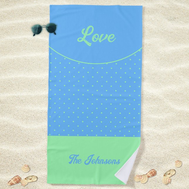 Serviette De Plage Bleu Mid-Century Vert Points Rétro Été Amour (Love Blue Retro Dots Green Mid Century 50s 60s Beach Towel ©Susanne Sachers - Sunny Mind Design)