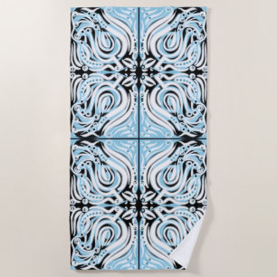 Serviette De Plage Bleu Noir Blanc Motif Abstrait Bouclé 