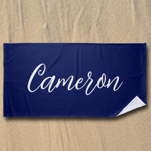 Serviette De Plage Bleu Nuit Chic Nom Écriture Manuscrite Personnalis