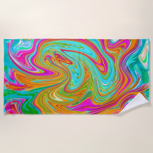 Serviette De Plage Bleu, orange et rose chaud Super Abstrait Rétro (Devant)