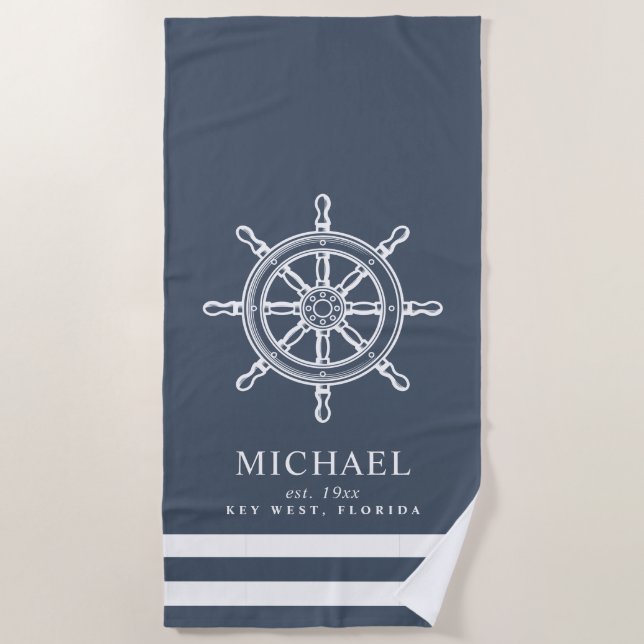 Serviette De Plage Bleu orienté nautique d'ardoise de roue de bateau (Devant)