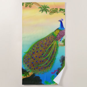 Serviette de plage bleue exotique de paon