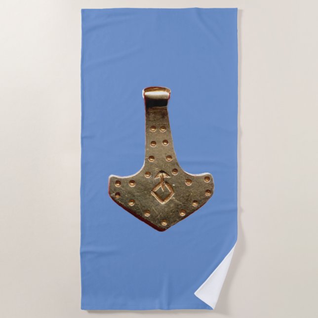 Serviette de plage bleue Gold Thor Hammer (Devant)
