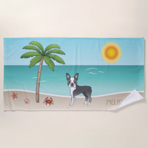 Serviette De Plage Blue Boston Terrier À Une Plage Tropicale D'Été -