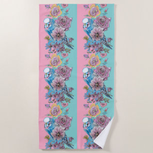 Serviette De Plage Blue Budgie & Rose Floral Budgerigar Oiseaux