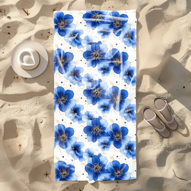Serviette De Plage Blue Floral Pattern with Gold Accents (Créateur téléchargé)