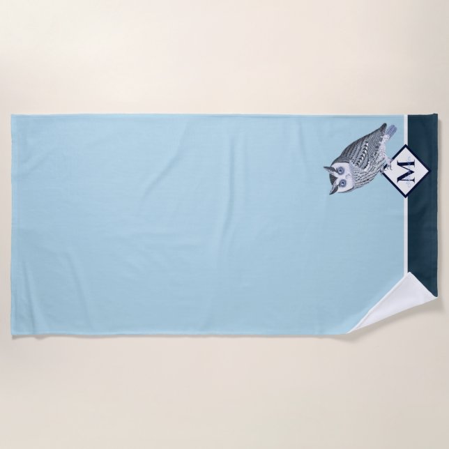 Serviette De Plage Blue Owl Grey Nom du monogramme (Devant)