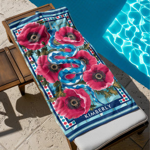 Serviette De Plage Blue Water Snake & Pink Flowers Pool Personnalisé