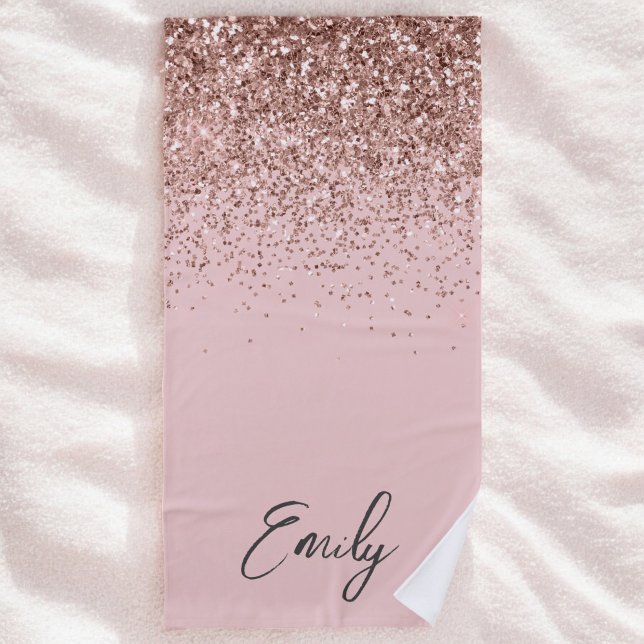 Serviette De Plage Blush Rose Gold Pailleté Monogramme Féminin (Créateur téléchargé)