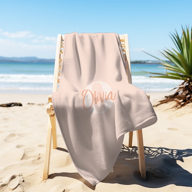 Serviette De Plage Blush Rose Monochrome Élégant Monogramme Script Te (Créateur téléchargé)
