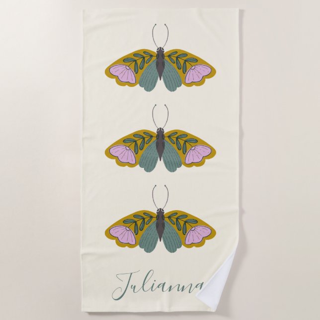 Serviette De Plage Boho Floral Butterfly Illustration personnalisée  (Devant)