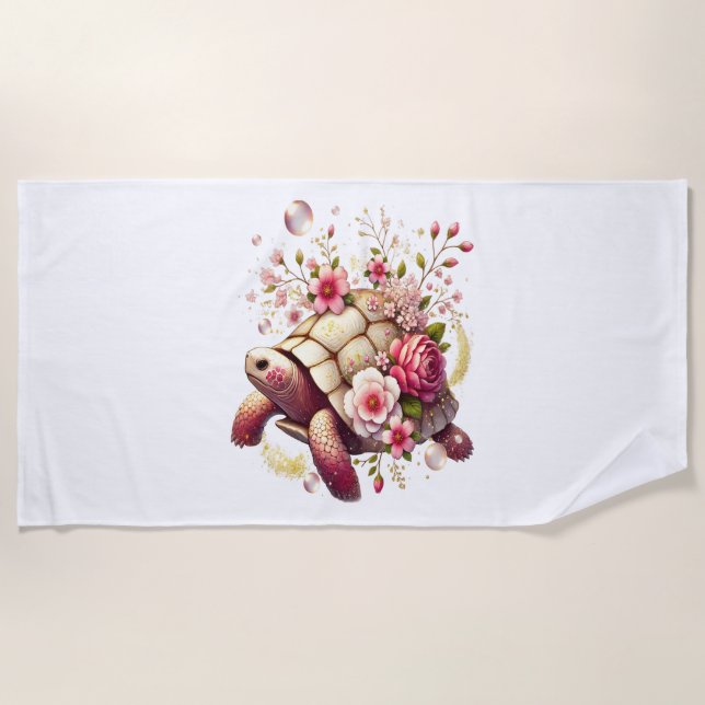 Serviette De Plage Boho Floral Tortue de mer rose Fleur (Devant)