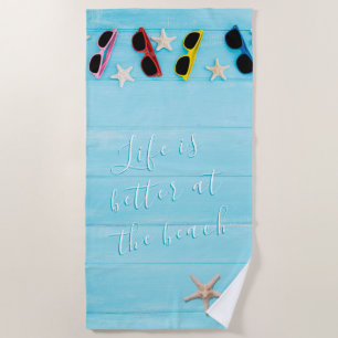 Serviette De Plage Bois turquoise personnalisé avec lunettes de solei