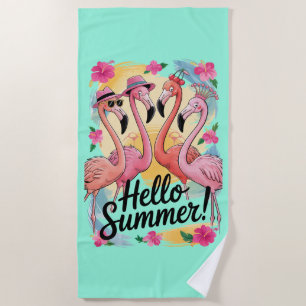 Serviette De Plage Bonjour Été Mignon Flamant Rose Plage Vacances Tro
