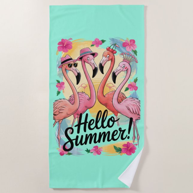 Serviette De Plage Bonjour été mignonne Flamant rose plage vacances T (Devant)