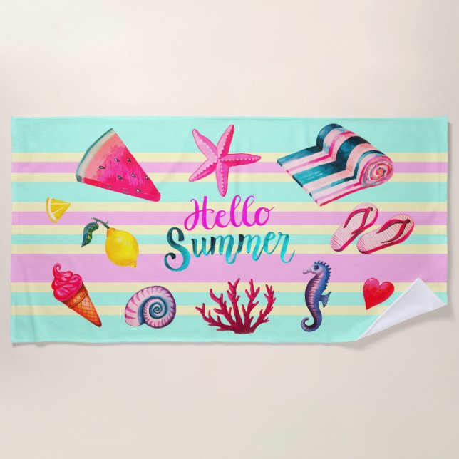 Serviette De Plage "Bonjour mer d'été" et aquarelle d'été barrée (Devant)