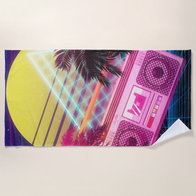 Serviette De Plage Boombox rose Funky des années 80 avec palmiers (Devant)