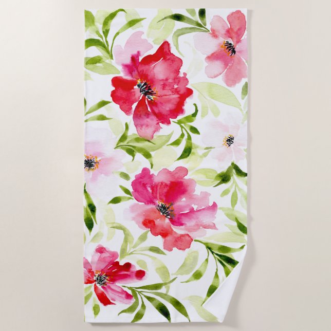 Serviette De Plage Botanique tropicale rouge rose (Devant)