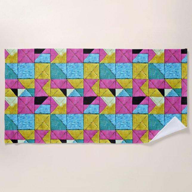 Serviette De Plage Bouho Faux Patchwork Quilt rose jaune bleu (Devant)