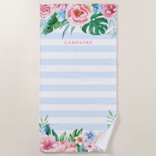 Serviette De Plage Bouquet tropical Bleu rayures Aquarelle