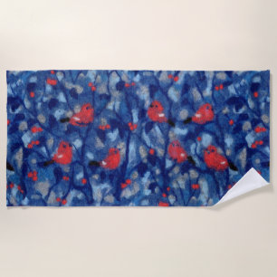 Serviette De Plage Bouvreuils, oiseaux rouges arbres forestiers bleus