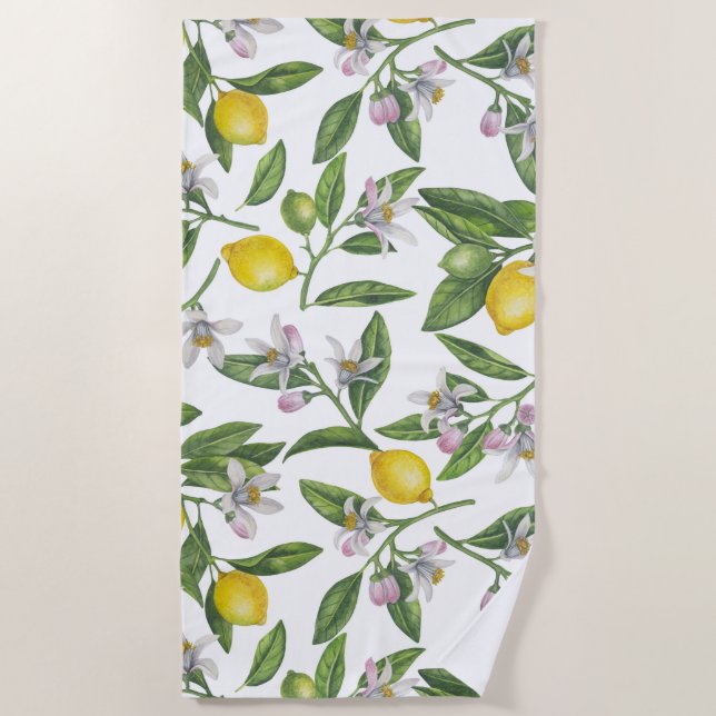 Serviette De Plage Branches de citron avec fleurs et fruits sur blanc (Devant)