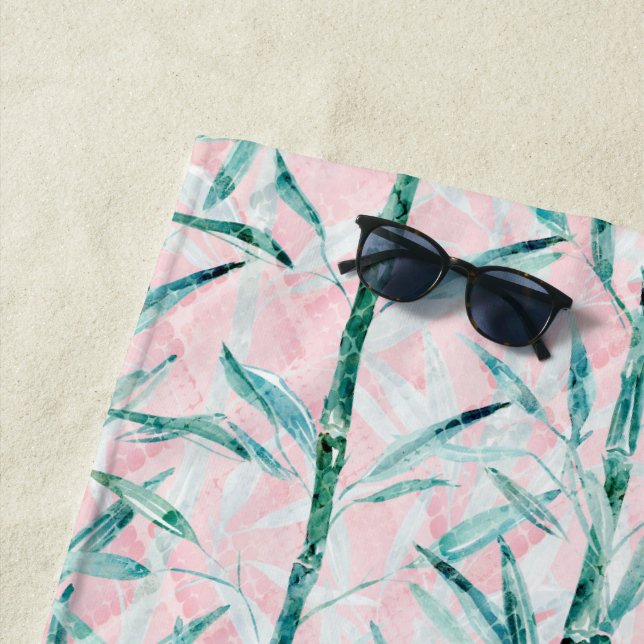 Serviette De Plage Branches en bambou, blanc, vert, feuille en bambou (En situation)