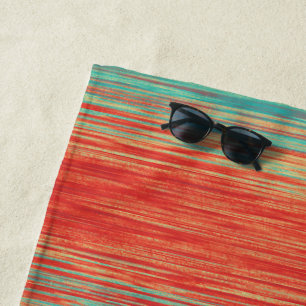 Serviette De Plage Bright Coral Rouge Orange Turquoise Mélange Bande
