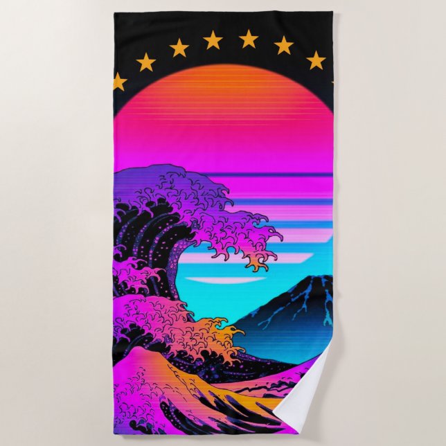 Serviette De Plage Bright Neon Wave Crash Mountain Retro (Devant)