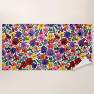 Serviette De Plage Bright Spring Pansies Floral Garden Pattern