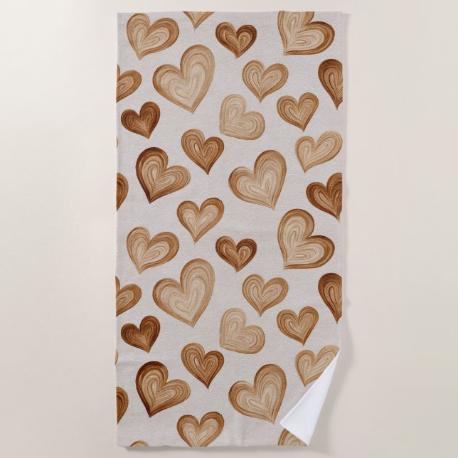 Serviette De Plage Brown Cream Hearts Stripes (Devant)