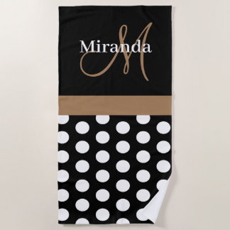 Serviette De Plage Brown Monogramme Noir Blanc Polka Dot Beach Servie