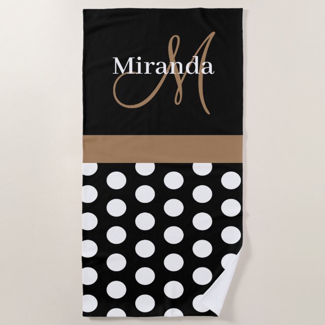 Serviette De Plage Brown Monogramme Noir Blanc Polka Dot Beach Servie (Devant)
