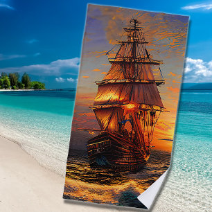 Serviette De Plage Brown Pirate Sailing Ship Blue Orange Sky
