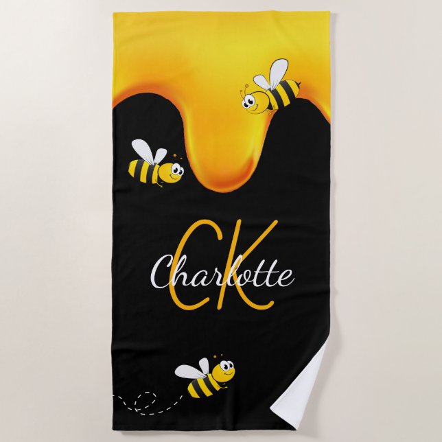 Serviette De Plage Bumble abeilles miel goutte de monogramme noir or  (Devant)