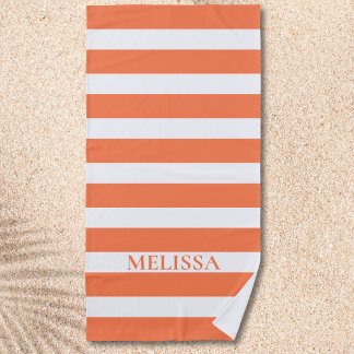 Serviette De Plage  Cabane rayée nom rayé corail et blanc 