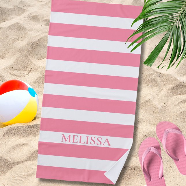 Serviette De Plage  Cabane rayée nom rayé rose et blanc  (Créateur téléchargé)