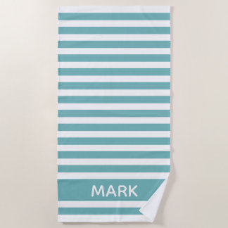 Serviette De Plage Cabane rayée sarcelle et blanc Personnalisé