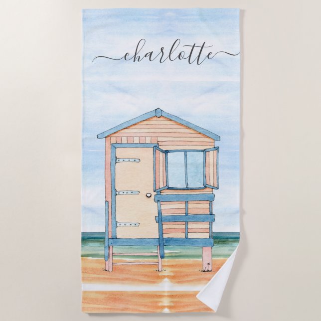 Serviette De Plage Cabine de plage aquarelle personnalisée (Devant)