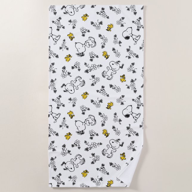 Serviette De Plage cacahuètes | Snoopy & Woodstock B&W Flower Motif (Devant)