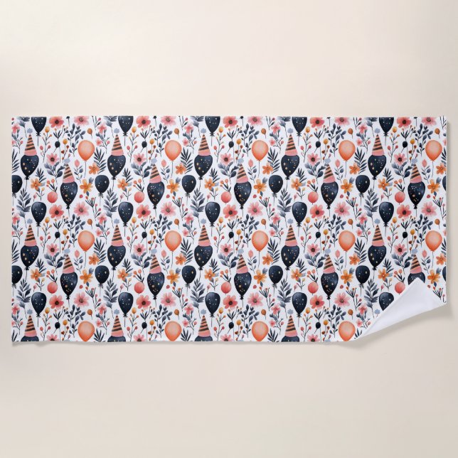 Serviette De Plage Cadeau d'anniversaire | Ballons et fleurs Whimsica (Devant)