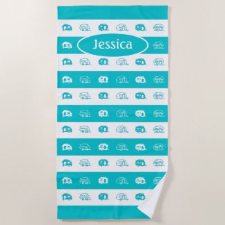 Serviette De Plage Camping retro personnalisé amusant en Aqua et blan