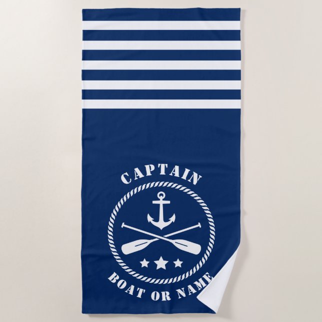 Serviette De Plage Capitaine Bateau ou nom Ancre nautique et aviron M (Devant)