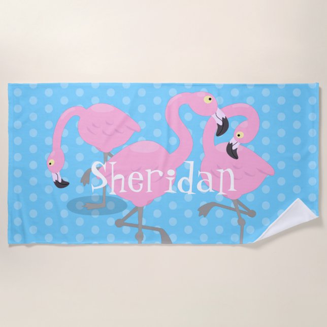 Serviette De Plage Caricature bleu trio flamand rose mou (Devant)