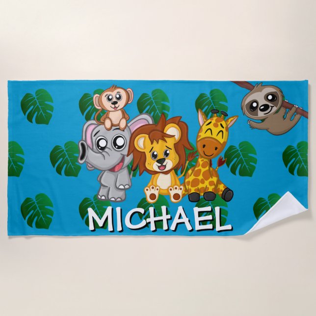 Serviette De Plage Caricature de Cute Animaux Safari Nom de la jungle (Devant)